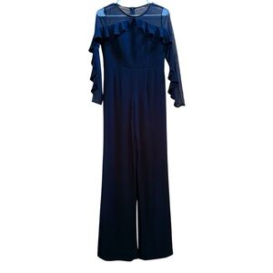 R & M Richards Illusion Black Jumpsuit with Ruffle Detail size 2